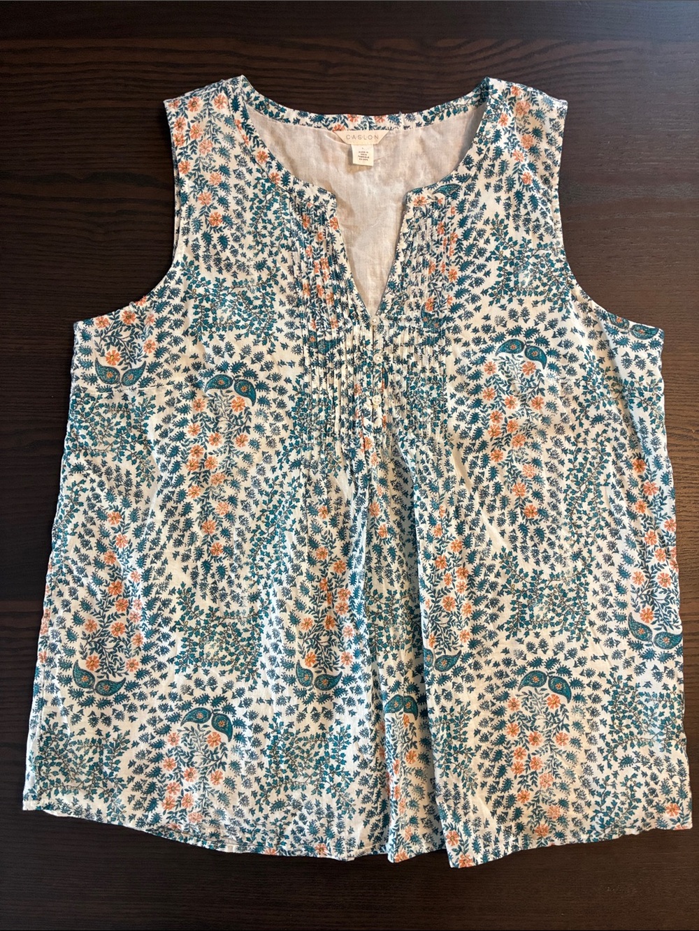 Caslon Floral Pintuck Sleeveless Shell - Teal & Orange on Cream